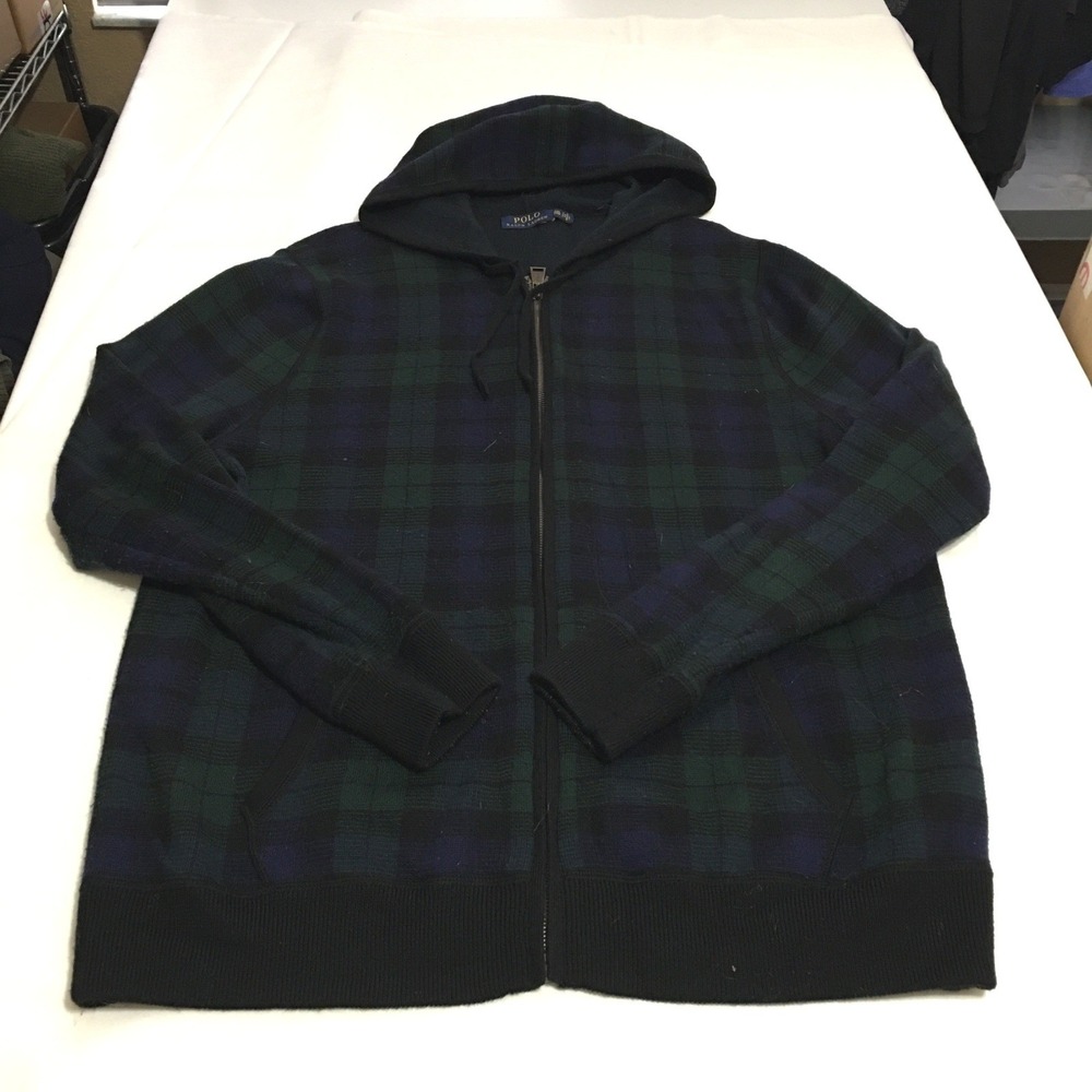 Polo Ralph Lauren Full Zip Hoodie Men XXL Blackwatch Plaid Wool Sweater